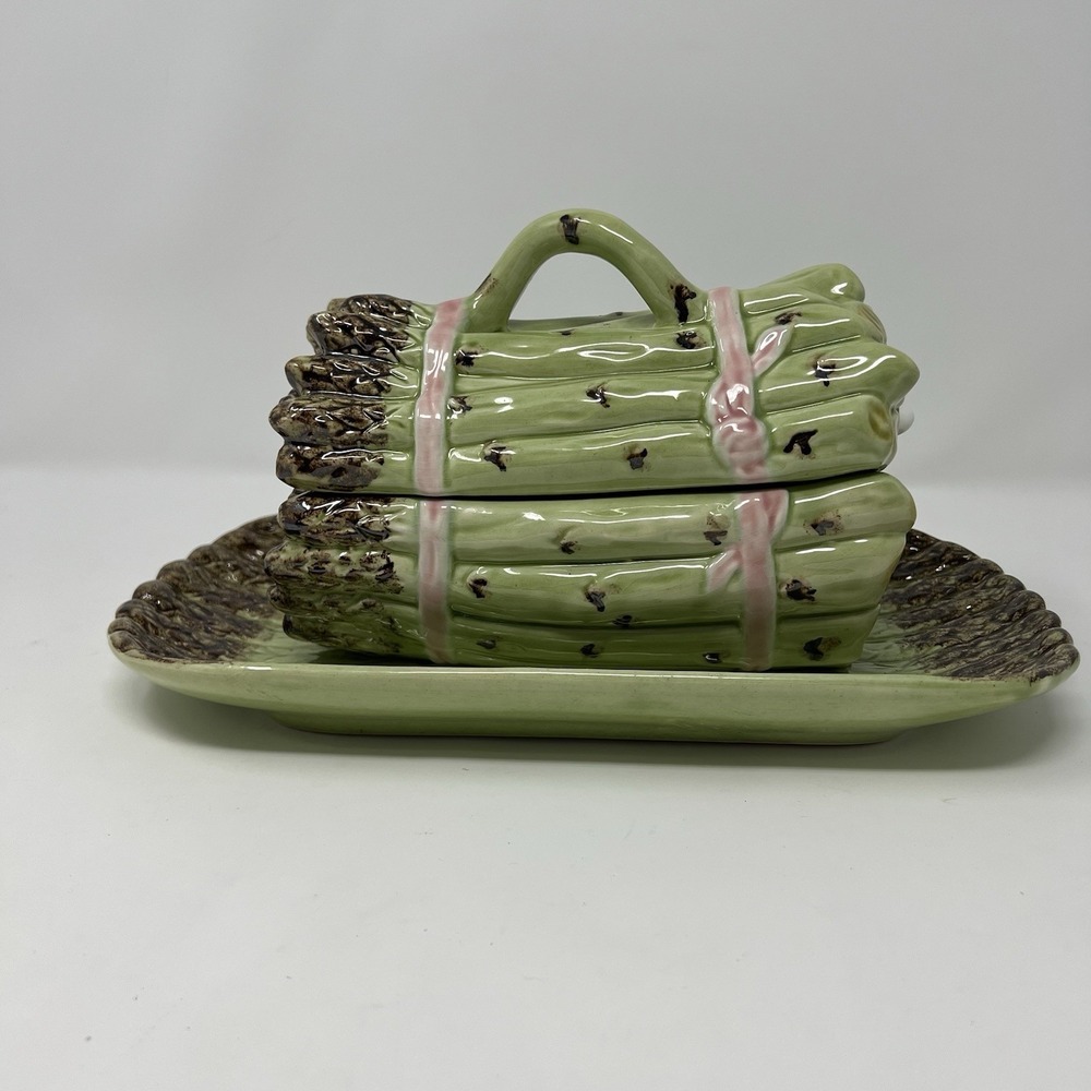 Vintage Bordallo Pinheiro Lidded Ceramic Asparagus Serving Dish W/Plate & Ladle